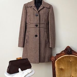 Ann Taylor Women's Academia Houndstooth Wool Blend Coat Size 8 Tan Old Money